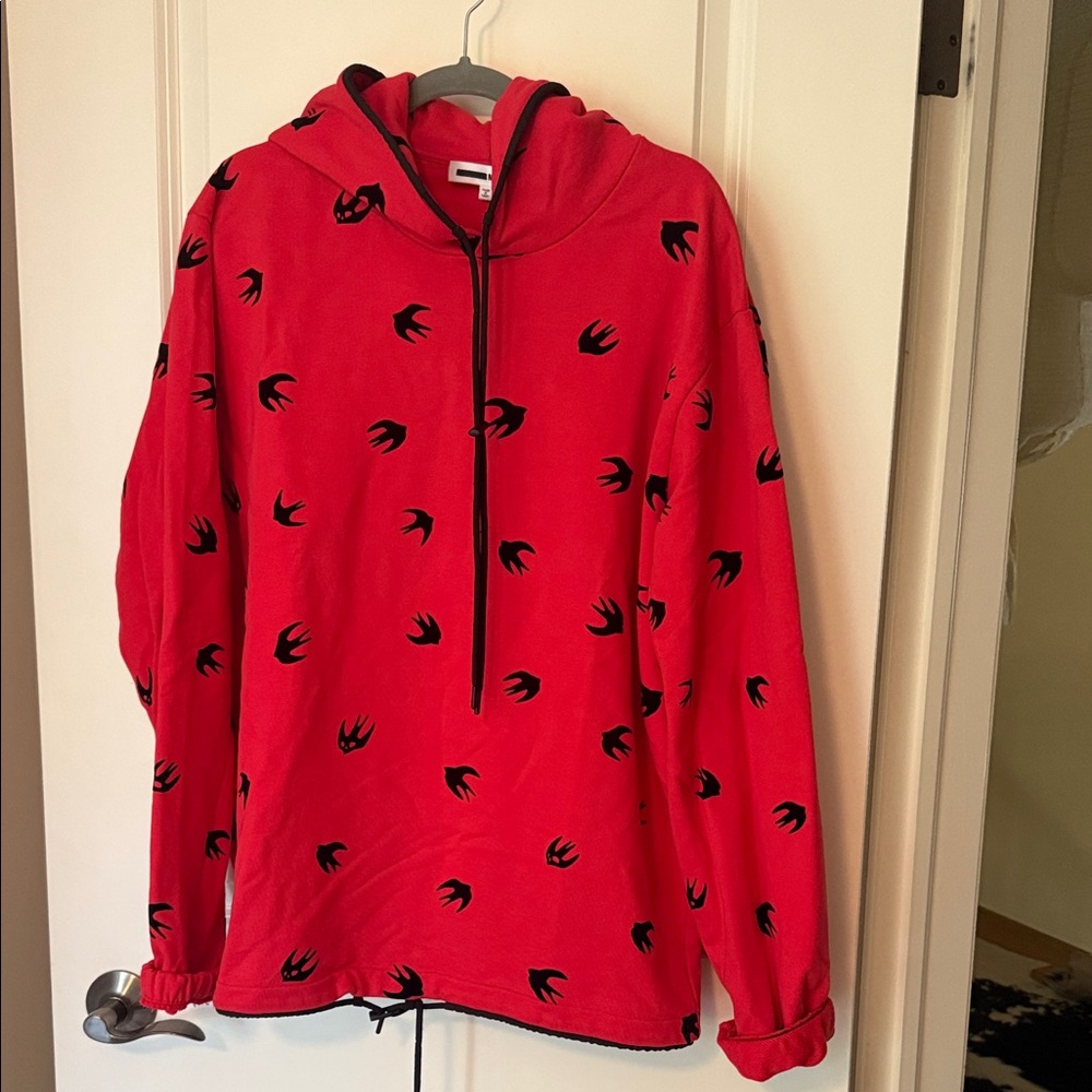 McQ by Alexander McQueen Red Hoodie with Black Bird Pattern